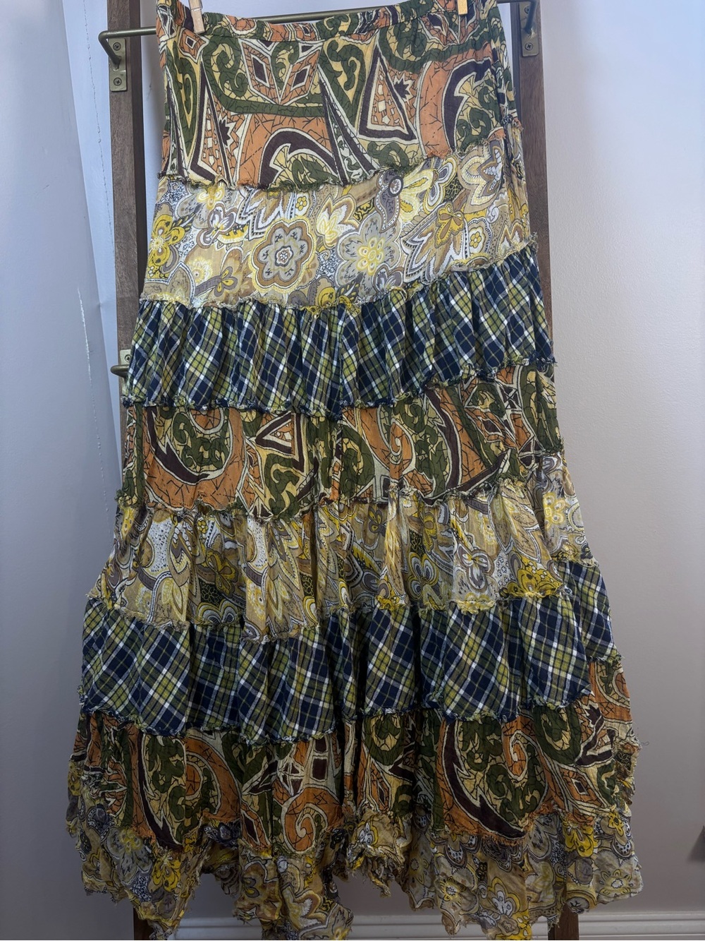 Solitaire Paisley & Plaid Tiered Maxi Skirt in Olive, Mustard & Navy